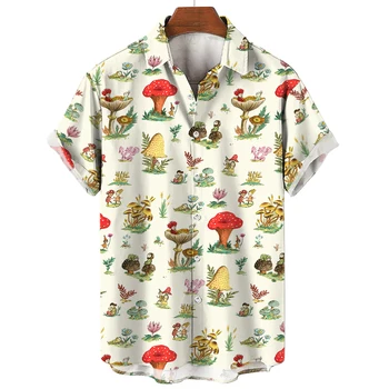 Рубашка с 3D-печатью с грибным рисунком Гавайская мужская рубашка Летняя модная рубашка с коротким рукавом и цветными пуговицами Топ 5xl
