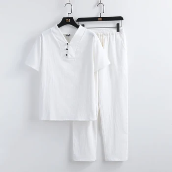 Летняя молодежная хлопковая и льняная футболка + брюки длиной до щиколоток, мужской комплект из двух предметов, однотонные мужские костюмы, повседневная мужская одежда