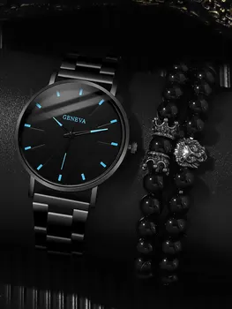 Модные повседневные мужские кварцевые часы с черным стальным ремешком и львиной короной + набор браслетов из бисера
