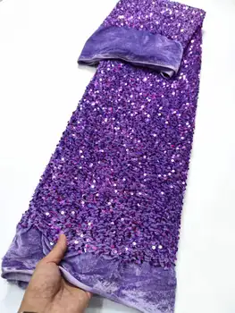 2023 Оптовая продажа нигерийской фиолетовой блестящей бархатной кружевной ткани, сетчатого кружева, африканской ткани, кружева с 3D блестками, женского свадебного платья