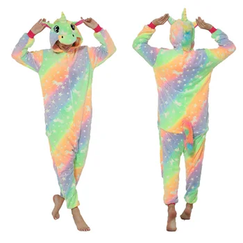 Радужные пижамы Фланелевая одежда Пижамы унисекс для взрослых Одежда для отдыха на Хэллоуин Косплей Утепленные комбинезоны большого размера с капюшоном и хвостом