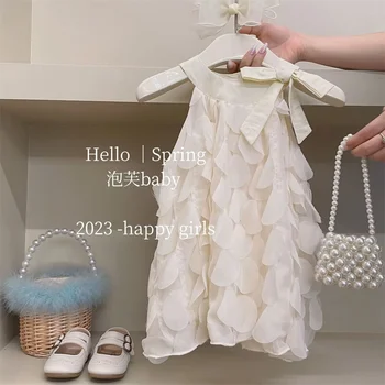 Милые Маленькие девочки; платье с цветочным узором в виде лепестков; Корейское летнее платье для дня рождения малыша; Тюлевое кружевное платье для принцессы; бальное платье на Рождество