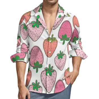 Повседневная рубашка в уличном стиле с розовой свежей клубникой, мужская милая рубашка, осенние модные блузки с длинным рукавом, одежда большого размера с принтом