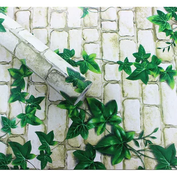обои зеленого цвета длиной 10 м, наклейка с серой кожурой и кирпичом, наклейка на стену из кожуры грибов и кирпича с зелеными листьями, наклейка на стену Self-