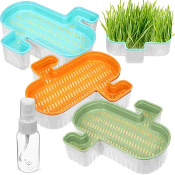 3шт Ящик для комнатных растений Кошачья трава Беспочвенный Пластиковый ящик для посадки кошек с прозрачным распылителем воды для внутреннего или