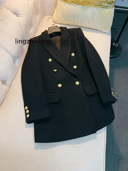 Женский шерстяной блейзер, французское винтажное британское Элегантное двубортное пальто высшего качества, Черная верхняя одежда, Новинки Femae