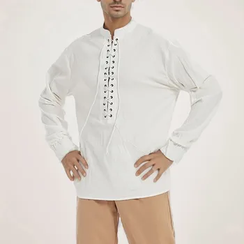 Винтажные средневековые рубашки, ретро-рубашка, блузка с воротником Генри, бандажные мужские рубашки, блузки в стиле стимпанк, блузки эпохи Возрождения, 2023