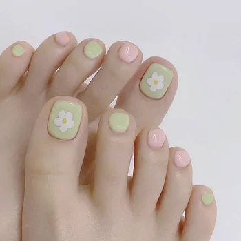 Милый Белый Цветок Накладные Ногти На Ногах Летний Зелено-Розовый Цвет Квадратные Искусственные Кончики Ногтей на Ногах Полное Покрытие Detachabel Stick on Footnail