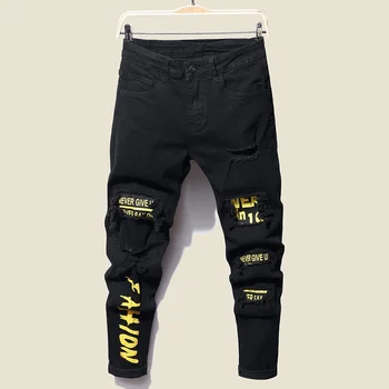 Мужские эластичные Рваные обтягивающие джинсы в байкерском стиле с мультяшным принтом и надписью Destroyed Hole, облегающий деним, высококачественные черные джинсы в стиле хип-хоп.