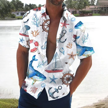 Новые мужские рубашки Праздничные гавайские пляжные рубашки Топы с рисунком океанской лодки, повседневная укороченная блузка оверсайз, дизайнерский стиль барокко