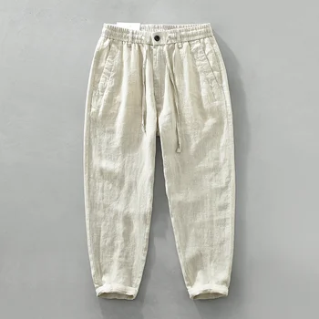 Летние мужские тонкие льняные брюки Harajuku, свободные Прямые брюки с эластичной резинкой на талии, повседневные брюки для бега трусцой для пляжного отдыха, мужские брюки для бега трусцой