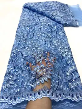 Африканская кружевная ткань 2023 г. Высококачественная элегантная Нигерийская сетка с голубыми блестками, расшитая Французским тюлем Кружевная ткань 5 Ярдов блесток
