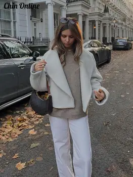 Модная Белая короткая женская куртка с длинным рукавом и открытой строчкой, свободное женское пальто с V-образным вырезом 2023, зимний однотонный шерстяной кардиган, женские пальто
