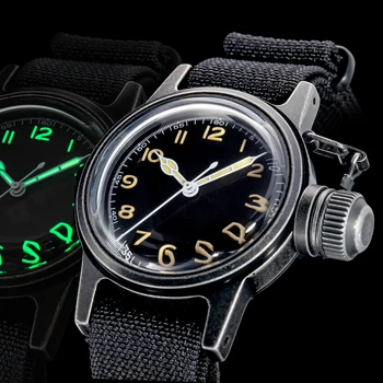 36 мм военные часы Корпус из нержавеющей стали 100 м Водонепроницаемые супер светящиеся ретро-часы-лягушка времен Второй мировой войны