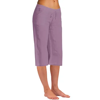 Хлопчатобумажные льняные брюки Модные однотонные хлопчатобумажные льняные эластичные длинные брюки с эластичной талией Пляжные брюки для отдыха укороченные брюки