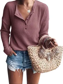 Горячие женские рубашки Henley, топы на пуговицах с V-образным вырезом и длинным рукавом, теплые трикотажные футболки с вафлями