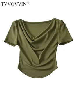 Универсальная женская футболка TVVOVVIN с коротким рукавом, приталенная, сексуальная, с открытым пупком, с откидной шеей, однотонный топ, женская мода IG26