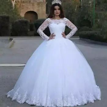Потрясающее бальное платье с длинными рукавами, свадебные платья Vestidos De Novia, кружевное платье Vestido De Noiva, Женское платье с аппликацией