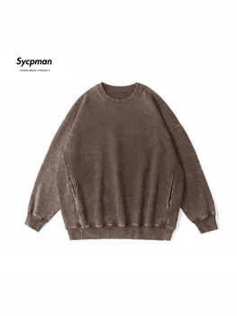 Sycpman, Винтажный свитер в стиле пэчворк с круглым вырезом и боковым карманом для мужчин и женщин, Осенняя однотонная свободная толстовка, Уличная одежда для пары