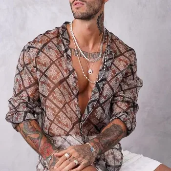 Европейская и американская мужская сексуальная перспективная рубашка С кружевным сетчатым модным принтом, крутой дышащий топ, Свободная повседневная рубашка, Мужская одежда