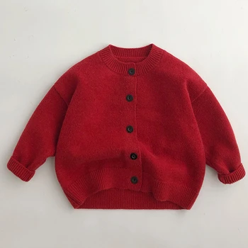 2024 Детская Новогодняя Красная одежда Зимние Флисовые свитера для девочек и мальчиков, Осенний мягкий плотный однотонный кардиган, комплект для вязания кардиганов