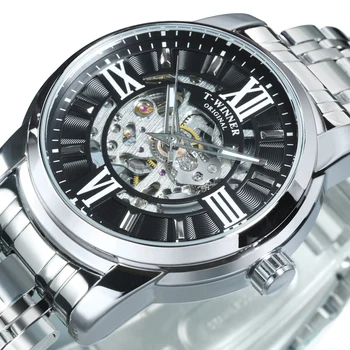 Серебряные деловые механические часы WINNER для мужчин, модные автоматические часы со скелетом, Роскошный ремешок из нержавеющей стали, светящиеся стрелки