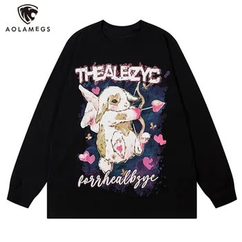 Толстовка в стиле хип-хоп с изображением кролика и буквенным принтом для мужчин, осенняя новая мода, пуловер с круглым вырезом и рукавами в рубчик, оверсайз