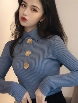 2023 Утолщенный свитер, нижняя рубашка с длинными рукавами, осенне-зимний женский корейский модный универсальный Базовый топ на тонких пуговицах
