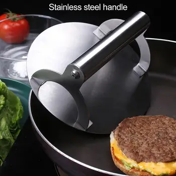 Пресс для бургеров круглой формы с ручкой, полированная поверхность, Нержавеющие кухонные принадлежности для измельчения мяса многоразового использования.