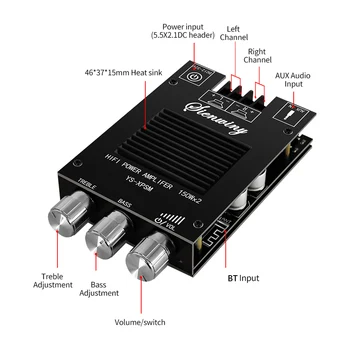 Модуль платы усилителя мощности звука YS-XPSM 150Wx2 TDA7498E Стерео Регулировка высоких и низких частот, совместимый с Bluetooth 5.0 Двухканальный