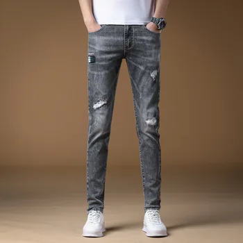 Мода 2023 Стильные роскошные узкие джинсы для мужчин с рваными дырами, эластичные потертые джинсовые брюки, хлопковые ковбойские брюки для мужчин