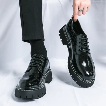 Новая черная мужская обувь на шнуровке с круглым носком и каменным узором Коричнево-серая мужская модельная обувь Размер 38-46 Бесплатная доставка