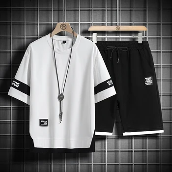 Летние черно-белые спортивные костюмы 2023 года Для мужчин, комплект с рукавами Футболка + шорты, бренд спортивной одежды, спортивный костюм Оверсайз 5XL