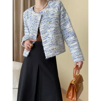 Женский синий твидовый жакет из флока высокого качества с круглым вырезом, маленькое ароматное пальто