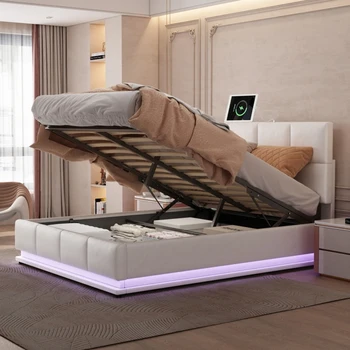 Обитая ворсом кровать на платформе с гидравлической системой хранения, кровать для хранения из искусственной кожи размера 