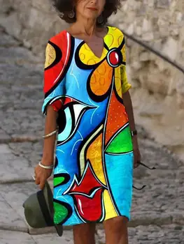 Летнее платье с цветочным принтом в стиле ретро, V-образный вырез, половина рукава, женское уличное модное платье в стиле Ретро