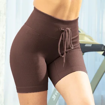 Женские спортивные короткие шорты для йоги в рубчик с эффектом пуш-ап, шорты, бесшовные колготки на шнурке, короткие леггинсы для тренировок и фитнеса N033033