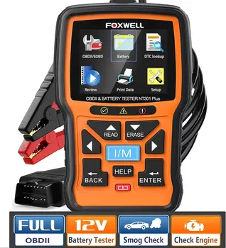 FOXWELL NT301 Plus тестер сканера OBD2 12V, 4 in1 Проверка считывателя кода двигателя Сканирование 100-2000 CCA Проверка проворачивания зарядки, EVAP Liv