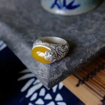 Винтажный Этнический стиль, Старинное кольцо с желтым камнем, резьба по серебряному цвету, Обручальное кольцо, подарок на годовщину ювелирных изделий