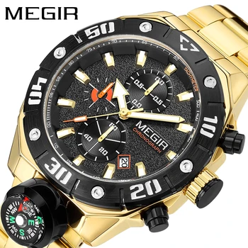 Мужские кварцевые часы MEGIR с модным компасом на ремешке из нержавеющей стали, водонепроницаемые спортивные часы с хронографом со светящейся датой.