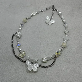 Ожерелье с белой бабочкой Асимметричное стеклянное колье с бабочкой Fairycore Ожерелье