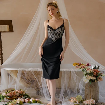 Новое элегантное Французское черное платье REBEYULI 2023, Модная сексуальная Сетчатая кружевная ночная рубашка с накладкой на грудь, нижнее белье обычной посадки длиной до колен