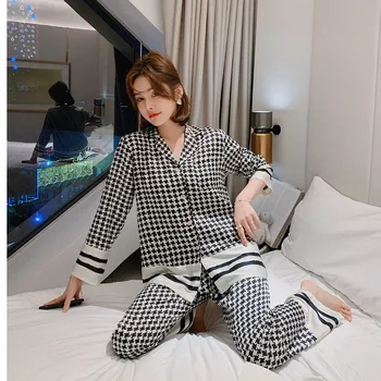 Атласный пижамный костюм, Ночная рубашка, комплект для сна, Женская пижама в клетку, Сексуальная ночная одежда, Рубашка и брюки из 2 предметов, Свободная домашняя одежда, Интимное белье