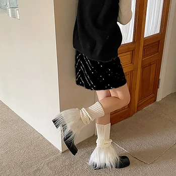 Японские вязаные меховые гетры Женские носки из овечьего меха в стиле панк-гот, кавайные гетры для ног, однотонные шерстяные бахилы для девочек