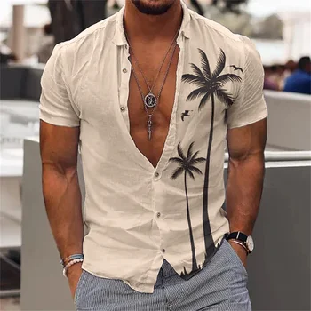 2023 Кокосовая пальма Пляжный отдых Вечеринка Мужская рубашка Хлопчатобумажная летняя рубашка Мужская гавайская рубашка Повседневная уличная мода С короткими рукавами