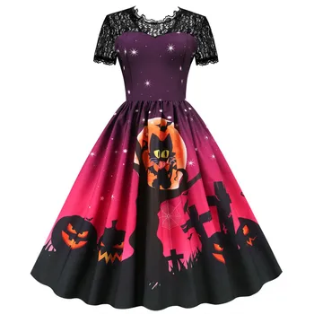 Новое женское платье на Хэллоуин с принтом, V-образный вырез, молния, короткий рукав, кружевная строчка, платье-качели, модное платье с круглым вырезом и талией