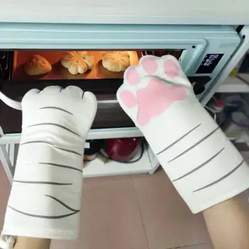 Прихватки с 3D мультяшными кошачьими лапами, Длинные хлопчатобумажные перчатки для выпечки, Нескользящие термостойкие кухонные перчатки для микроволновой печи, Горячие