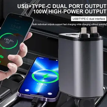 100 Вт 4 В 1 Выдвижное автомобильное зарядное устройство USB Type C Кабель для iPhone Huawei Samsung Шнур быстрой зарядки Адаптер прикуривателя