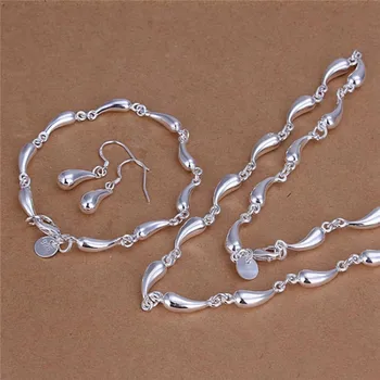 Новое серебро 925 Пробы Элегантные цепочки с каплями воды Ожерелья Серьги Браслеты Наборы ювелирных изделий для женщин Модные Подарки на свадьбу