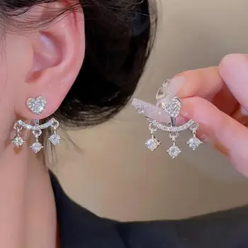 Серебряная игла, Корейские серьги-гвоздики в виде сердца с кристаллами для женщин, ювелирные изделия 2023, модные Роскошные Женские кисточки из циркона оптом